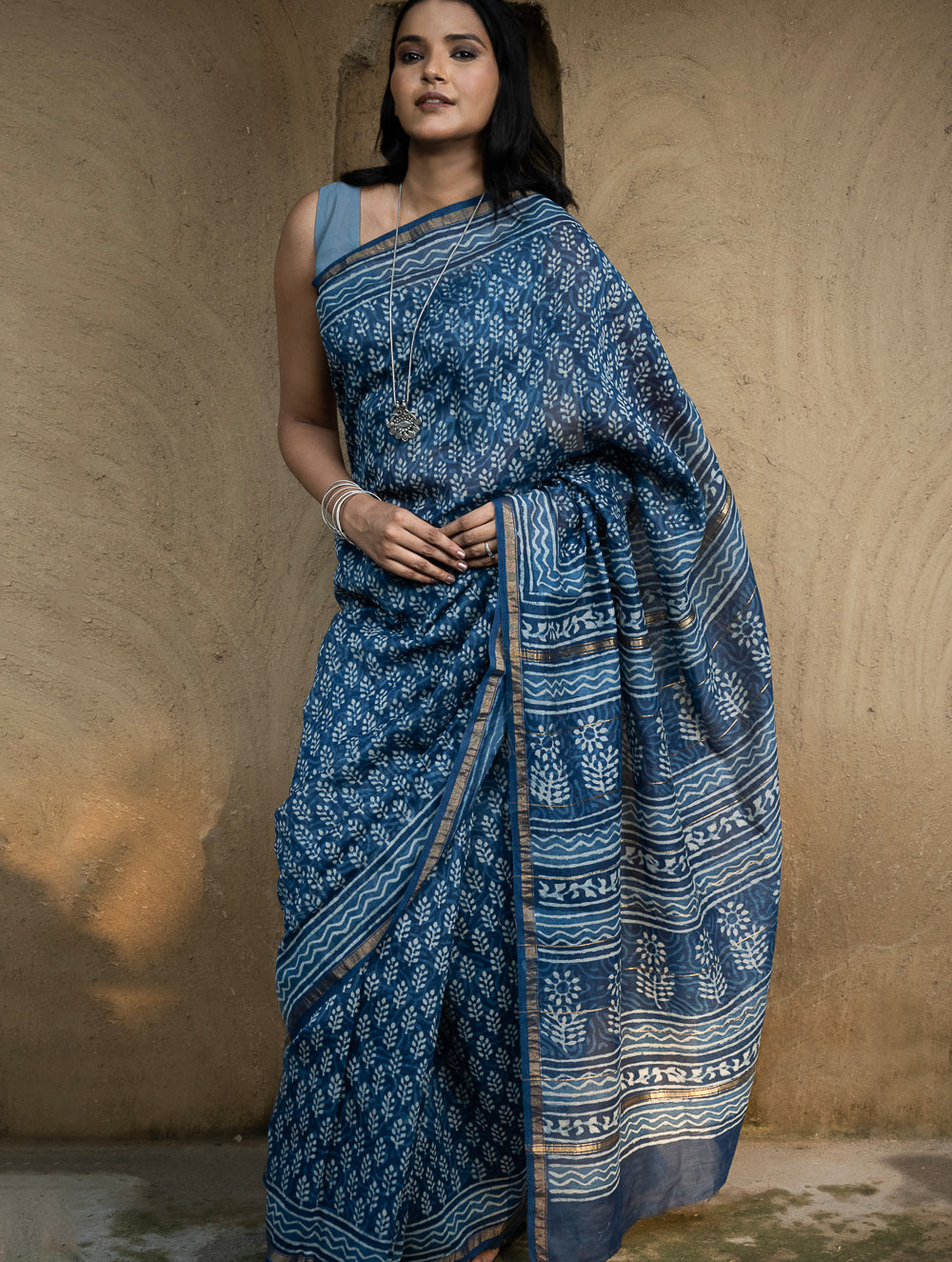 Dabu Hand Block Printed Chanderi Saree - Blue Flora