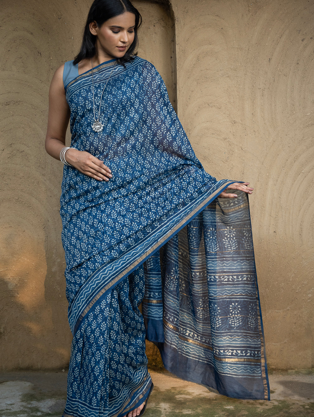Dabu Hand Block Printed Chanderi Saree - Blue Flora