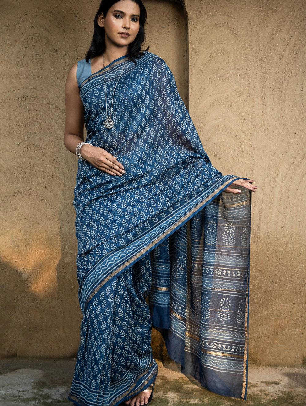 Dabu Hand Block Printed Chanderi Saree - Blue Flora