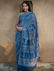 Dabu Hand Block Printed Chanderi Saree - Blue Flora