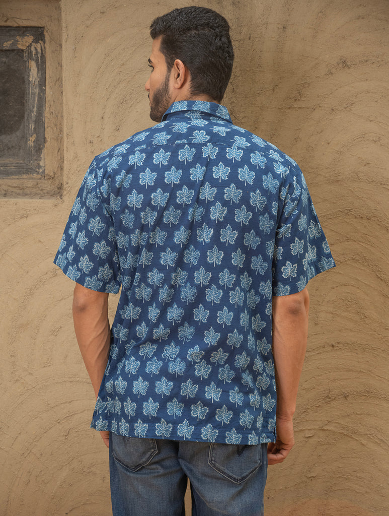 Dabu Hand Block Printed Cotton Shirt - Indigo Maple