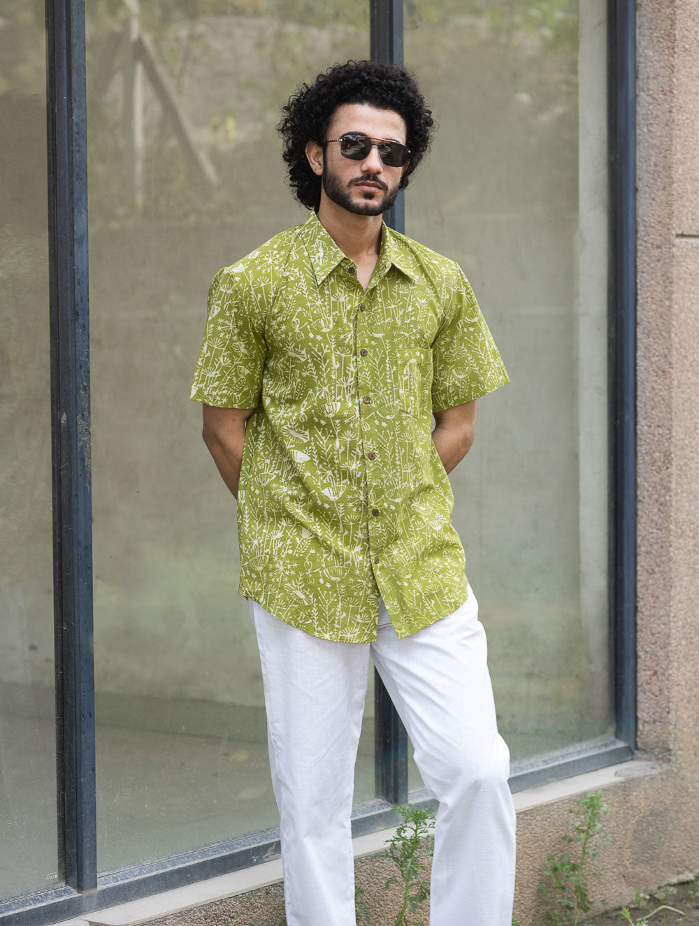 Dabu Hand Block Printed Cotton Shirt - Green Fields