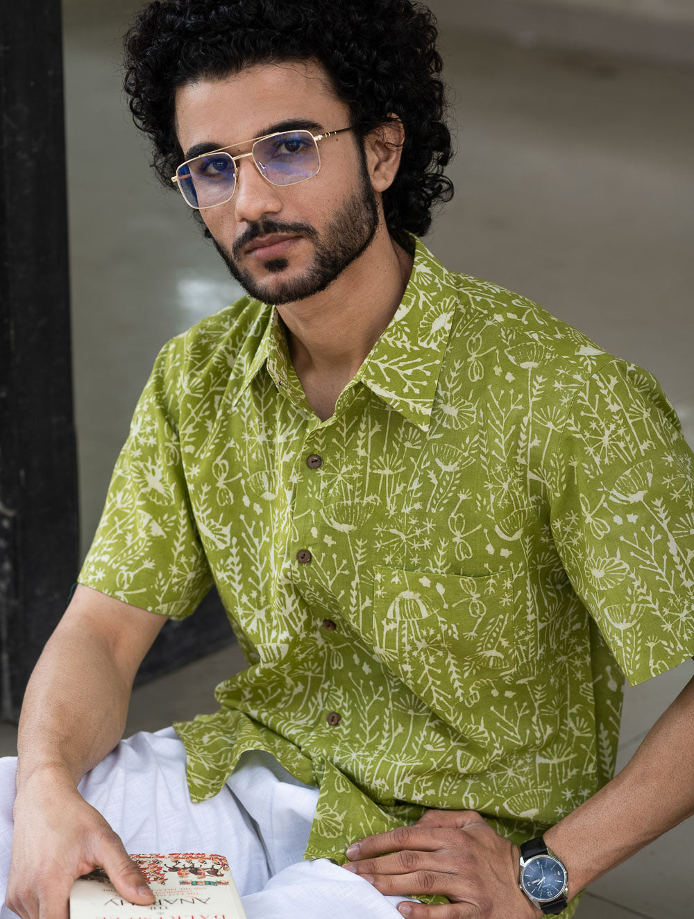 Dabu Hand Block Printed Cotton Shirt - Green Fields