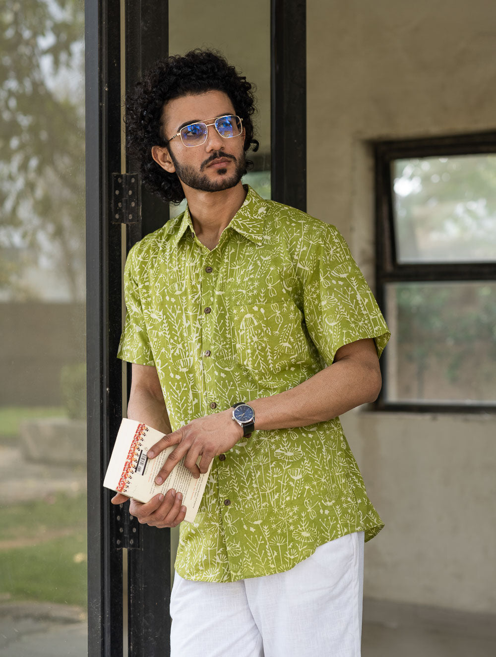 Dabu Hand Block Printed Cotton Shirt - Green Fields