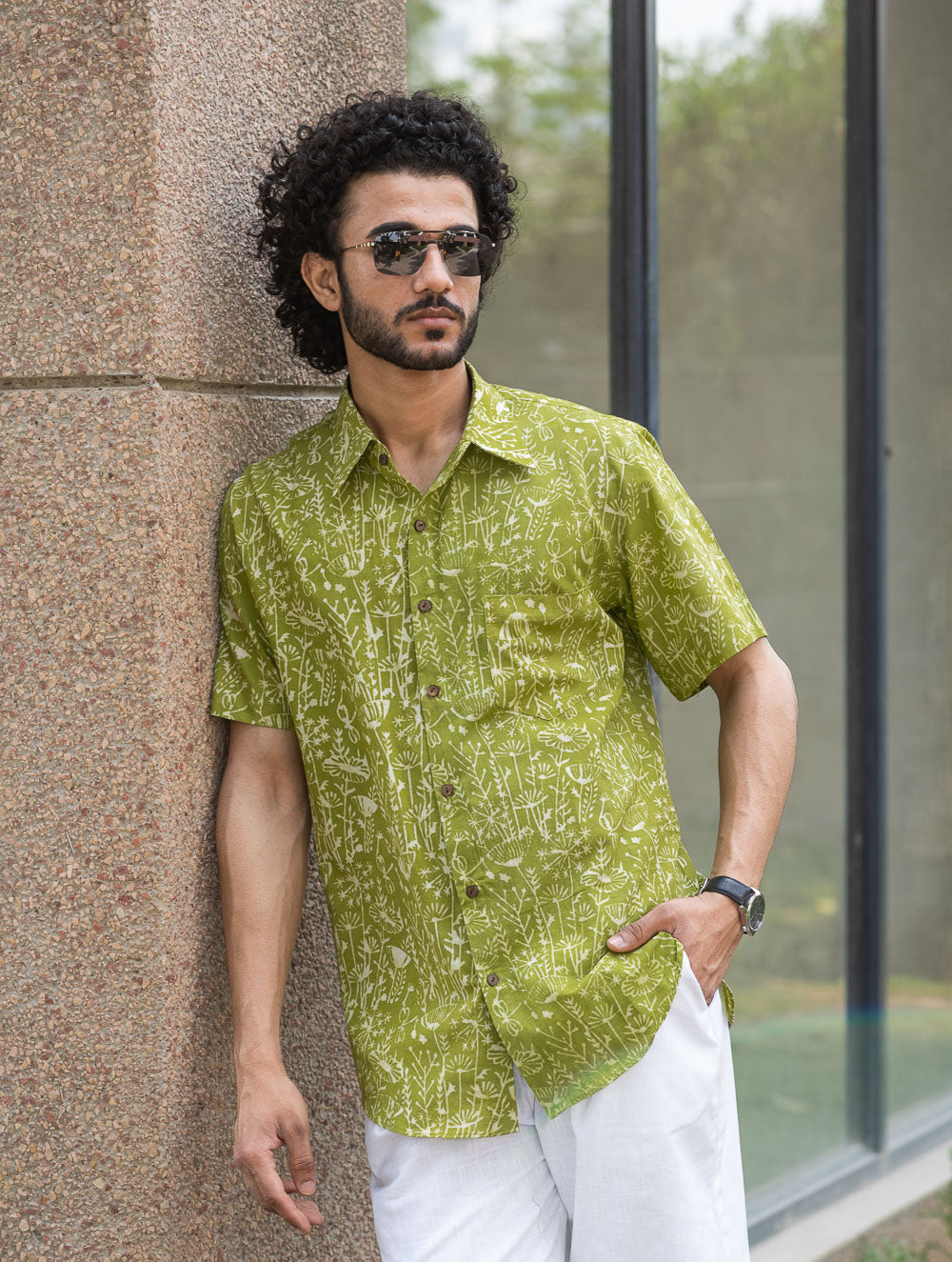 Dabu Hand Block Printed Cotton Shirt - Green Fields