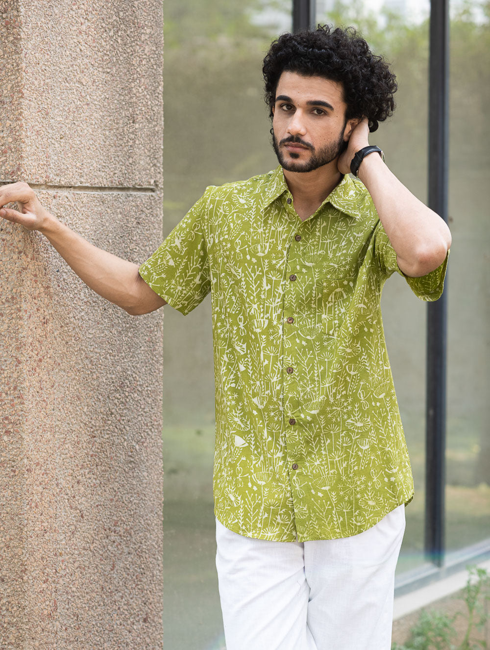 Dabu Hand Block Printed Cotton Shirt - Green Fields