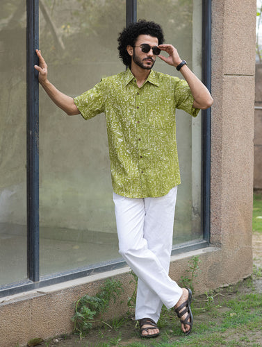 Dabu Hand Block Printed Cotton Shirt - Green Fields