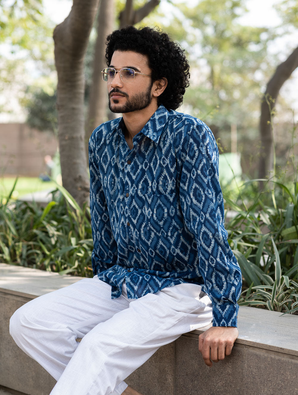 Dabu Hand Block Printed Cotton Shirt - Indigo Aztec