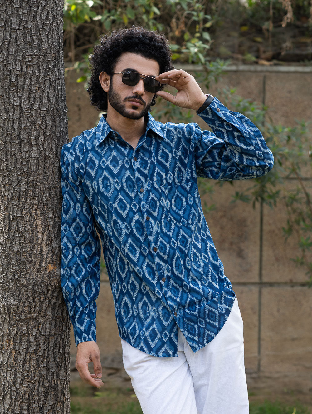 Dabu Hand Block Printed Cotton Shirt - Indigo Aztec