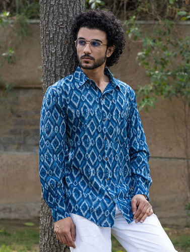 Dabu Hand Block Printed Cotton Shirt - Indigo Aztec