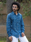 Ultra Soft & Light Mul Cotton Dabu Hand Block Printed Shirt - Indigo Aztec