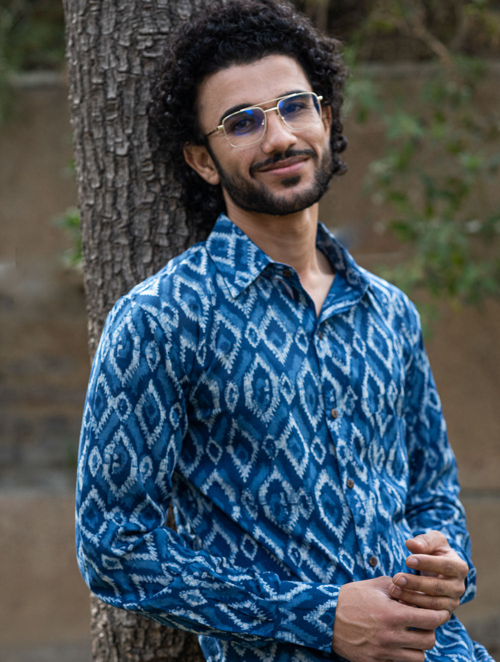 Dabu Hand Block Printed Cotton Shirt - Indigo Aztec