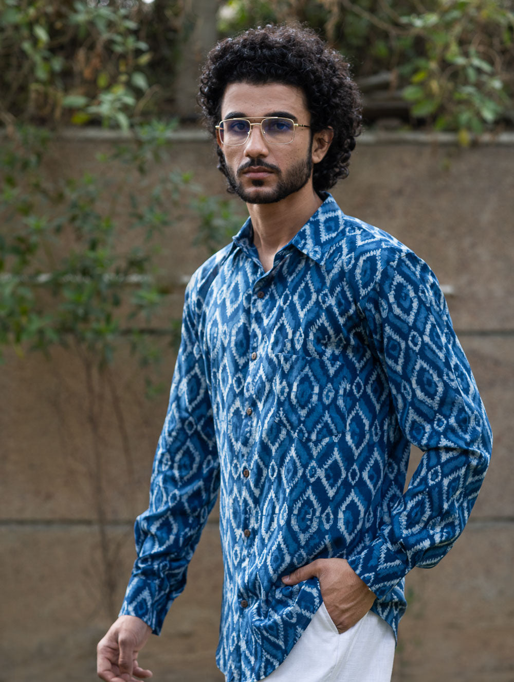 Dabu Hand Block Printed Cotton Shirt - Indigo Aztec