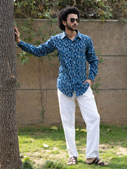 Dabu Hand Block Printed Cotton Shirt - Indigo Aztec