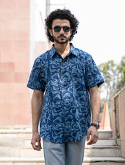 Dabu Hand Block Printed Cotton Shirt - Indigo Birds