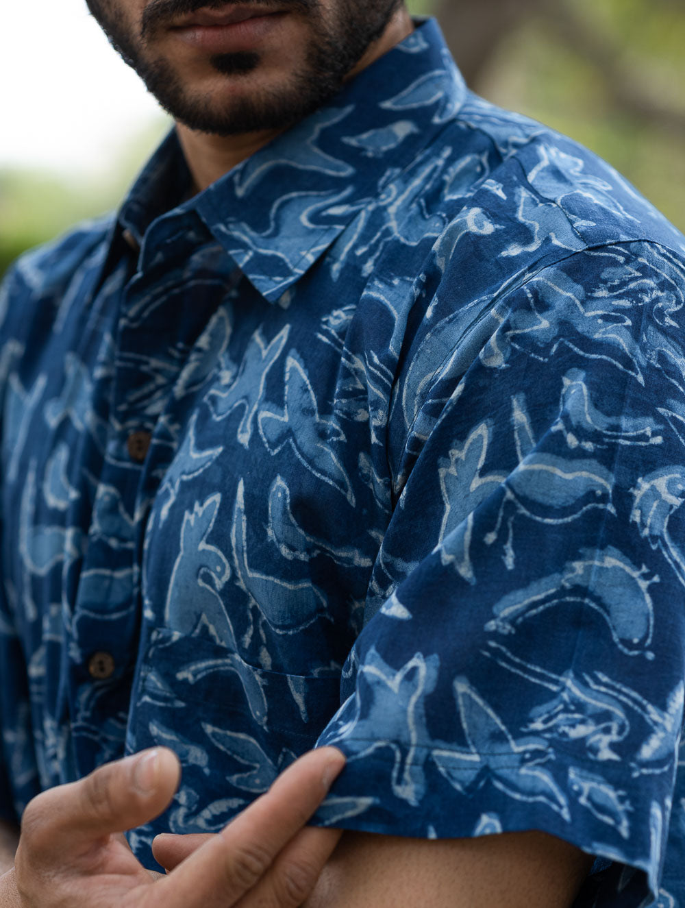 Dabu Hand Block Printed Cotton Shirt - Indigo Birds