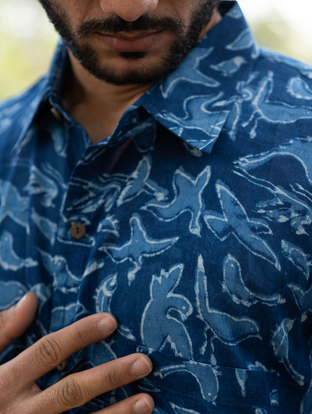 Dabu Hand Block Printed Cotton Shirt - Indigo Birds