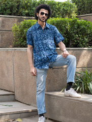 Dabu Hand Block Printed Cotton Shirt - Indigo Birds