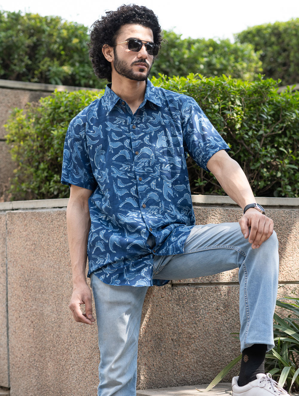 Dabu Hand Block Printed Cotton Shirt - Indigo Birds