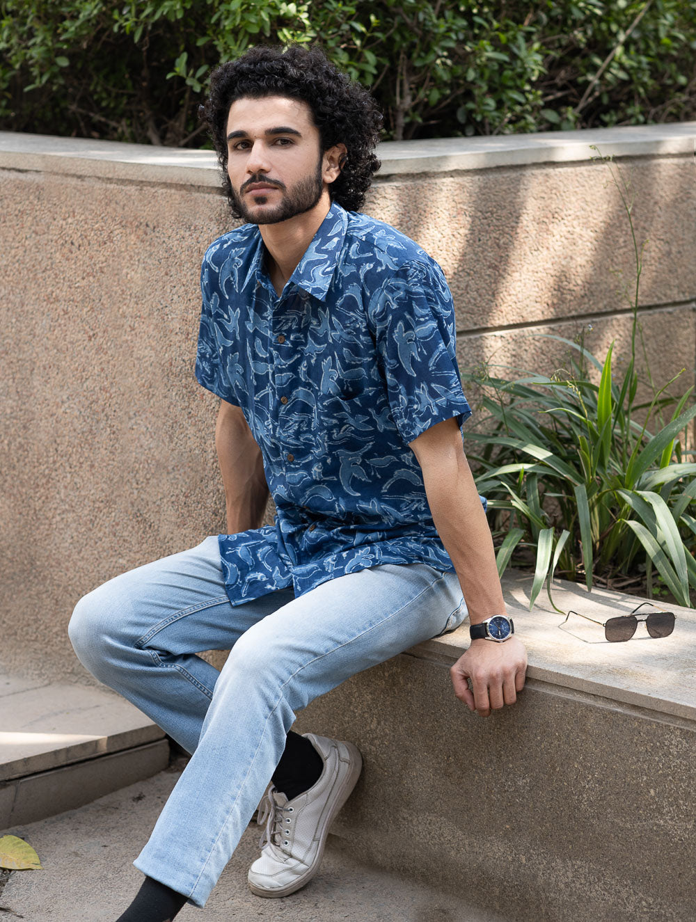 Dabu Hand Block Printed Cotton Shirt - Indigo Birds