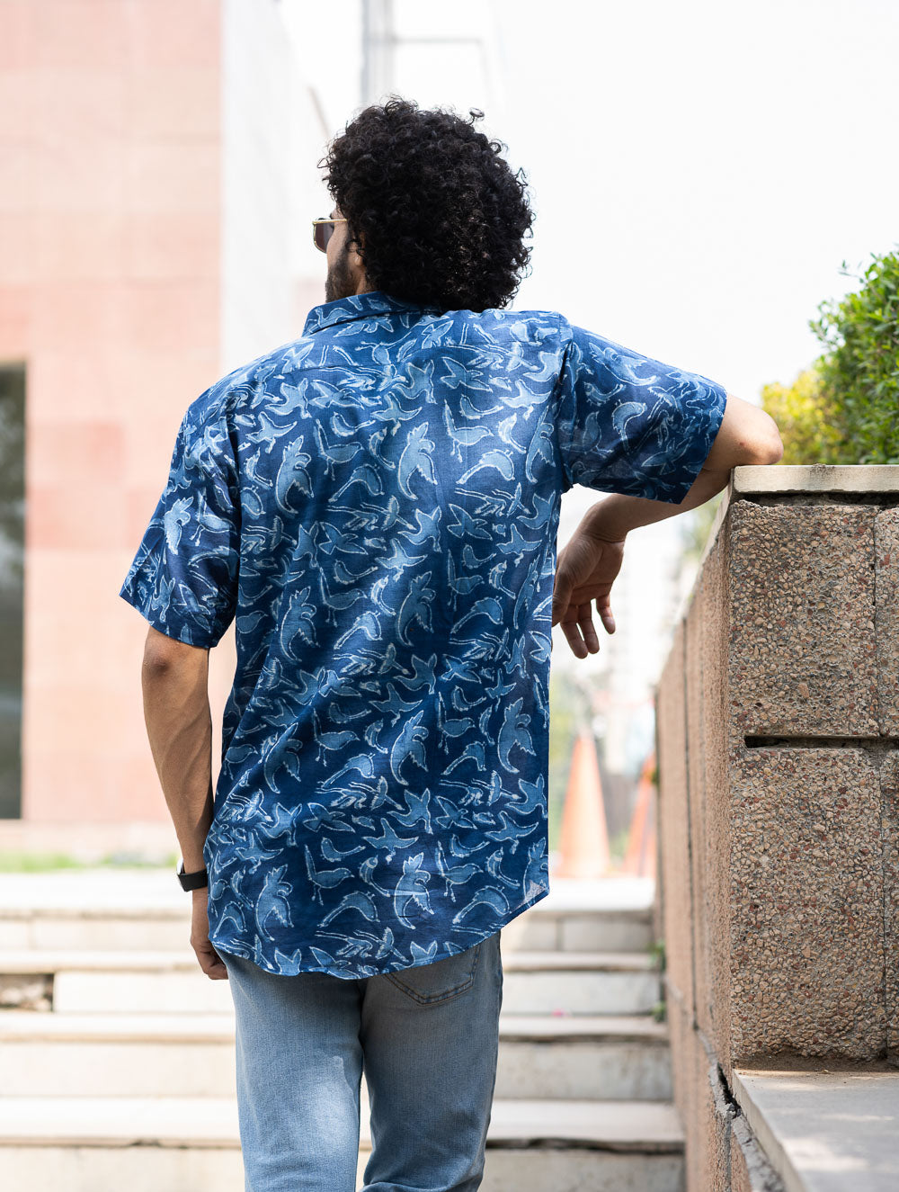 Dabu Hand Block Printed Cotton Shirt - Indigo Birds