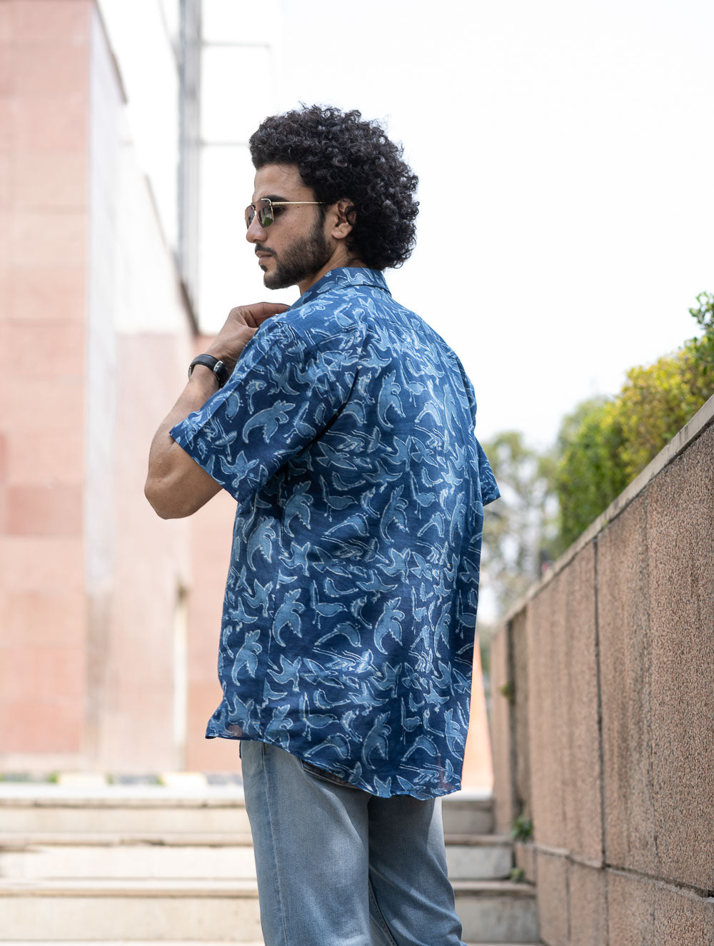Dabu Hand Block Printed Cotton Shirt - Indigo Birds