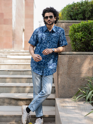Dabu Hand Block Printed Cotton Shirt - Indigo Birds