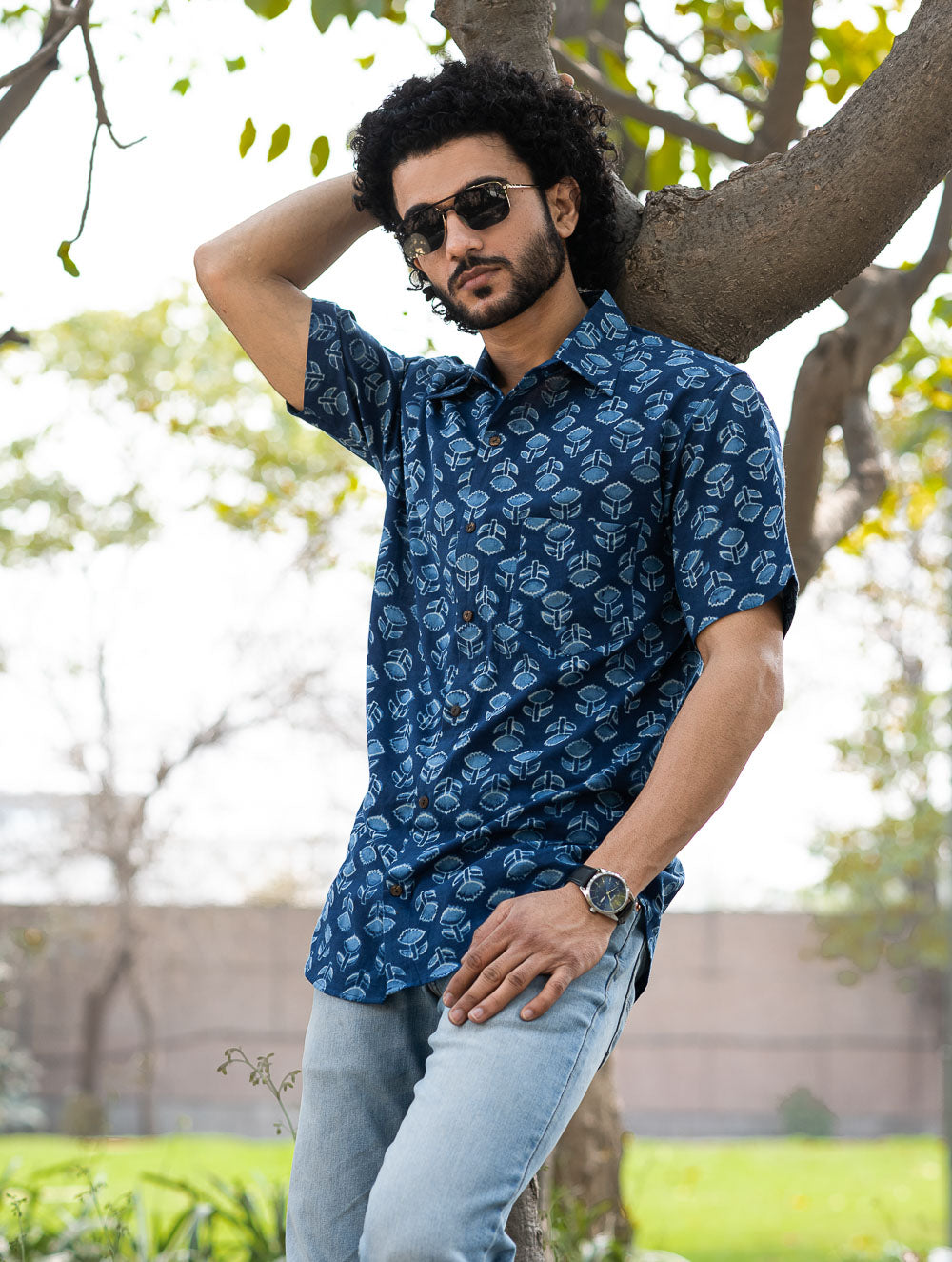 Dabu Hand Block Printed Cotton Shirt - Indigo Florets