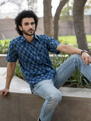 Dabu Hand Block Printed Cotton Shirt - Indigo Florets