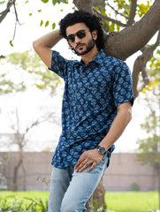 Dabu Hand Block Printed Cotton Shirt - Indigo Florets