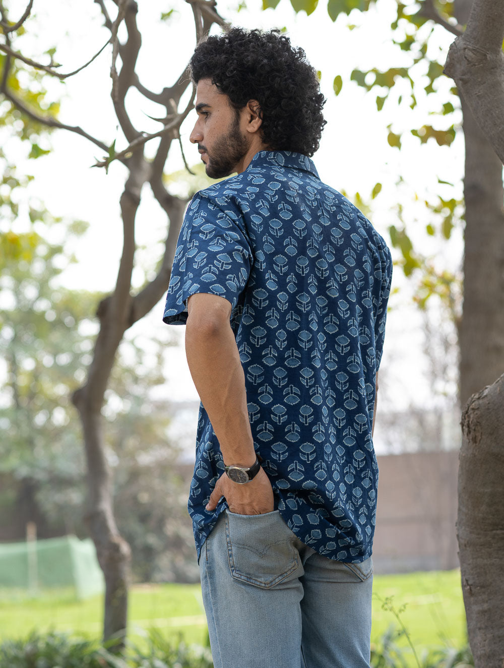 Dabu Hand Block Printed Cotton Shirt - Indigo Florets