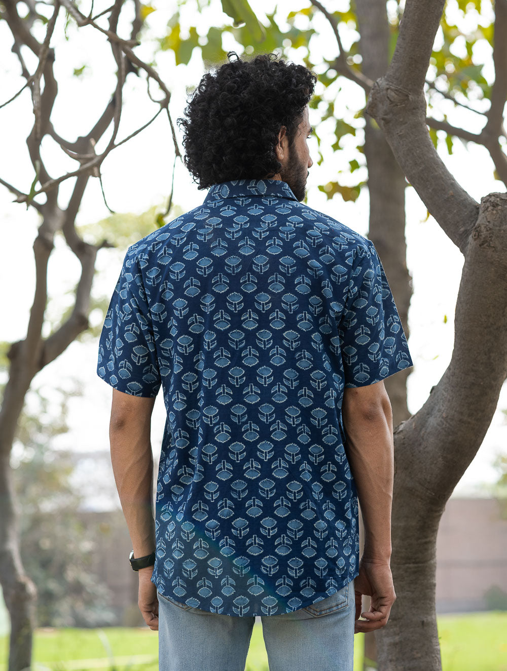 Dabu Hand Block Printed Cotton Shirt - Indigo Florets