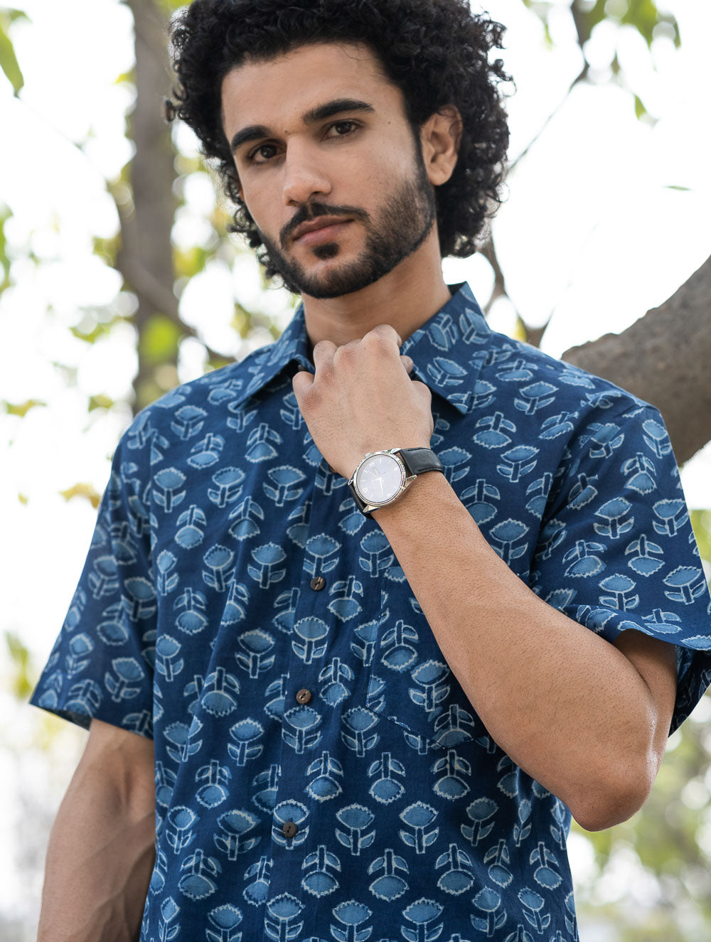 Dabu Hand Block Printed Cotton Shirt - Indigo Florets