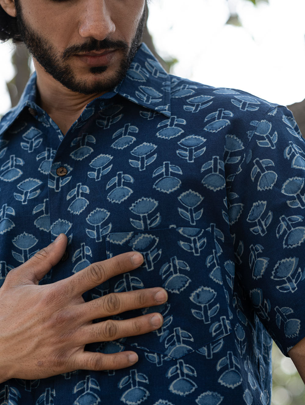 Dabu Hand Block Printed Cotton Shirt - Indigo Florets