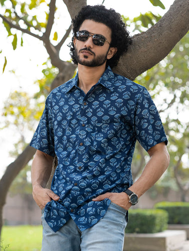 Dabu Hand Block Printed Cotton Shirt - Indigo Florets