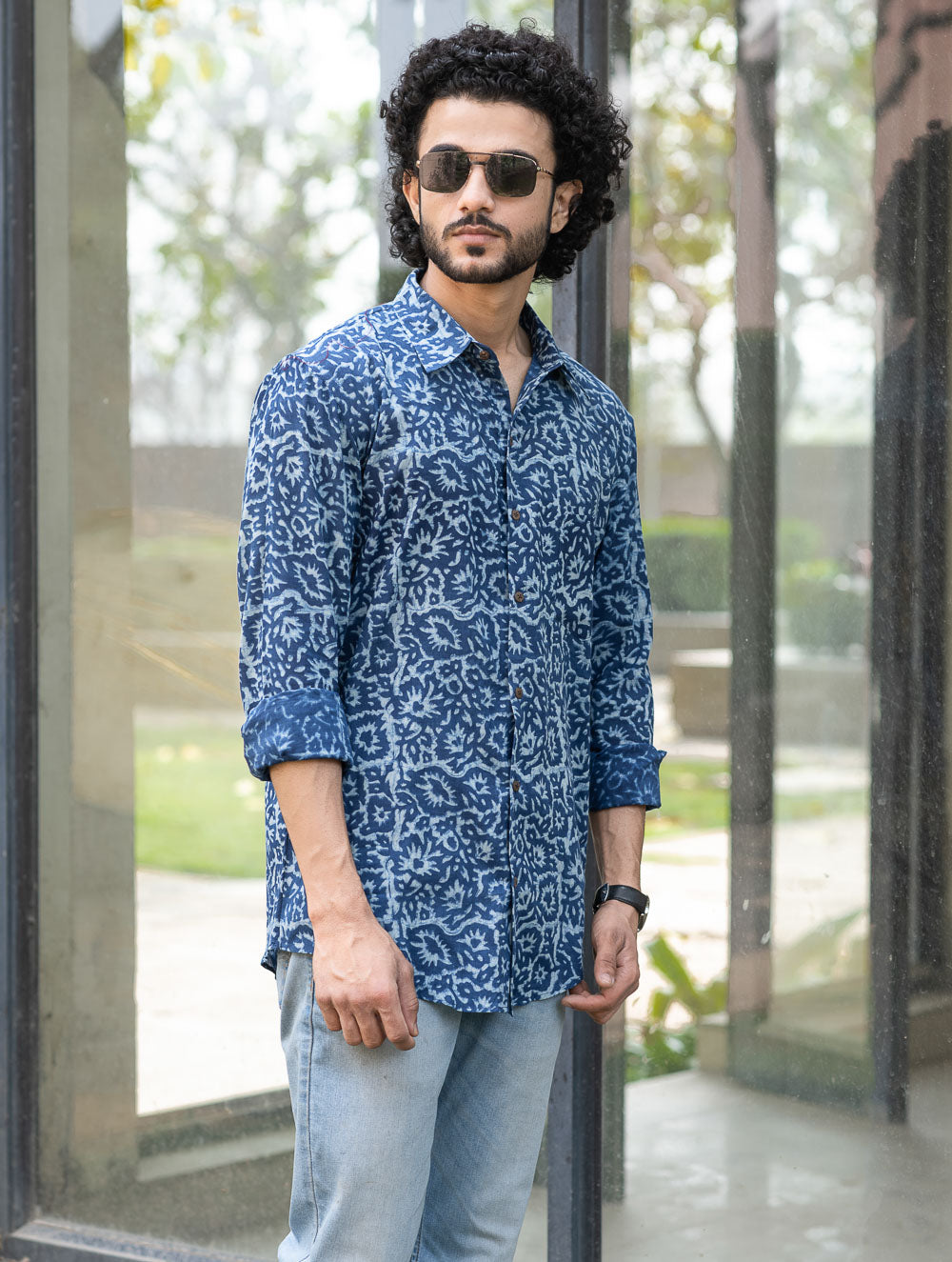 Dabu Hand Block Printed Cotton Shirt - Indigo Jaal