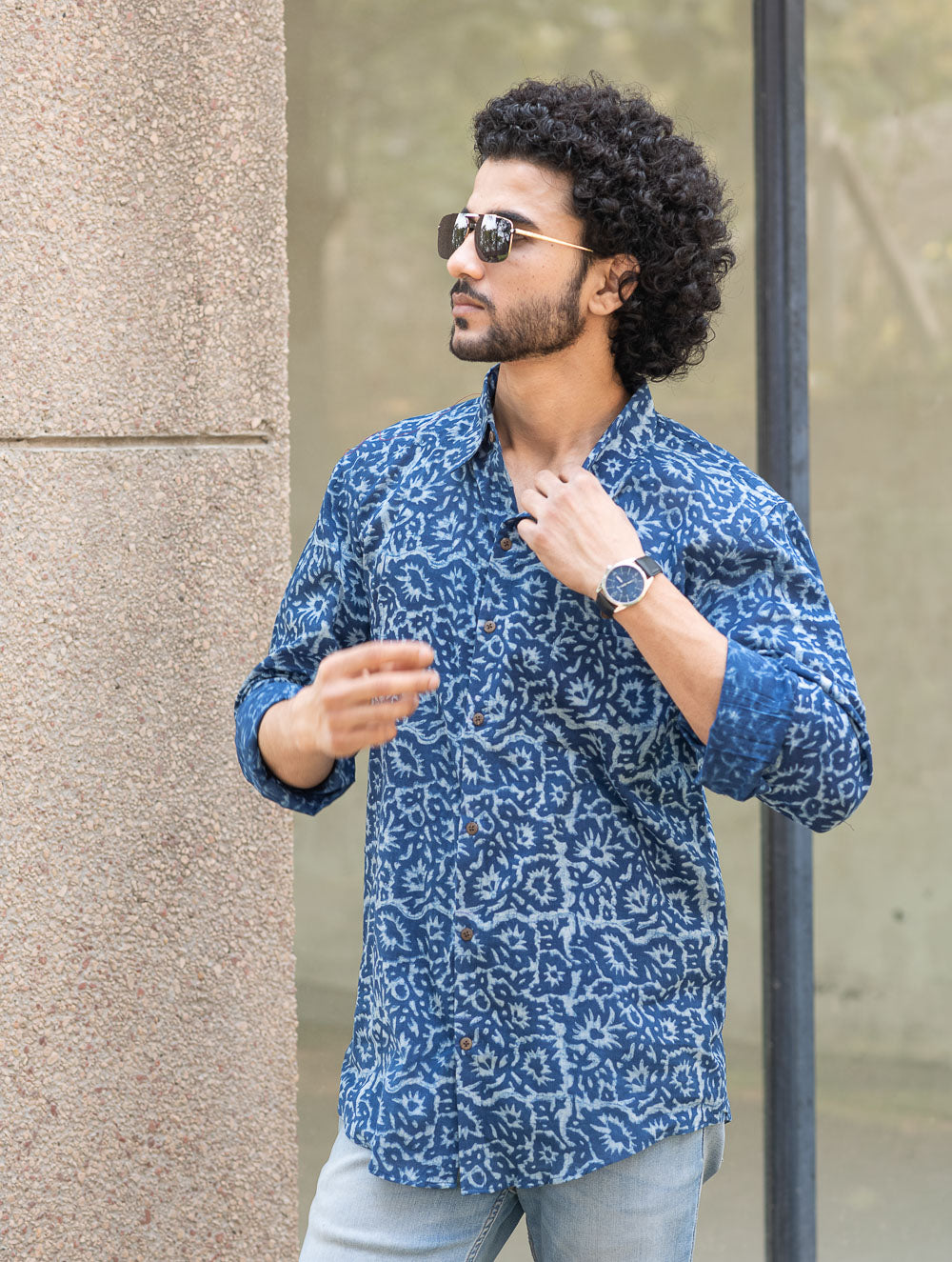 Dabu Hand Block Printed Cotton Shirt - Indigo Jaal