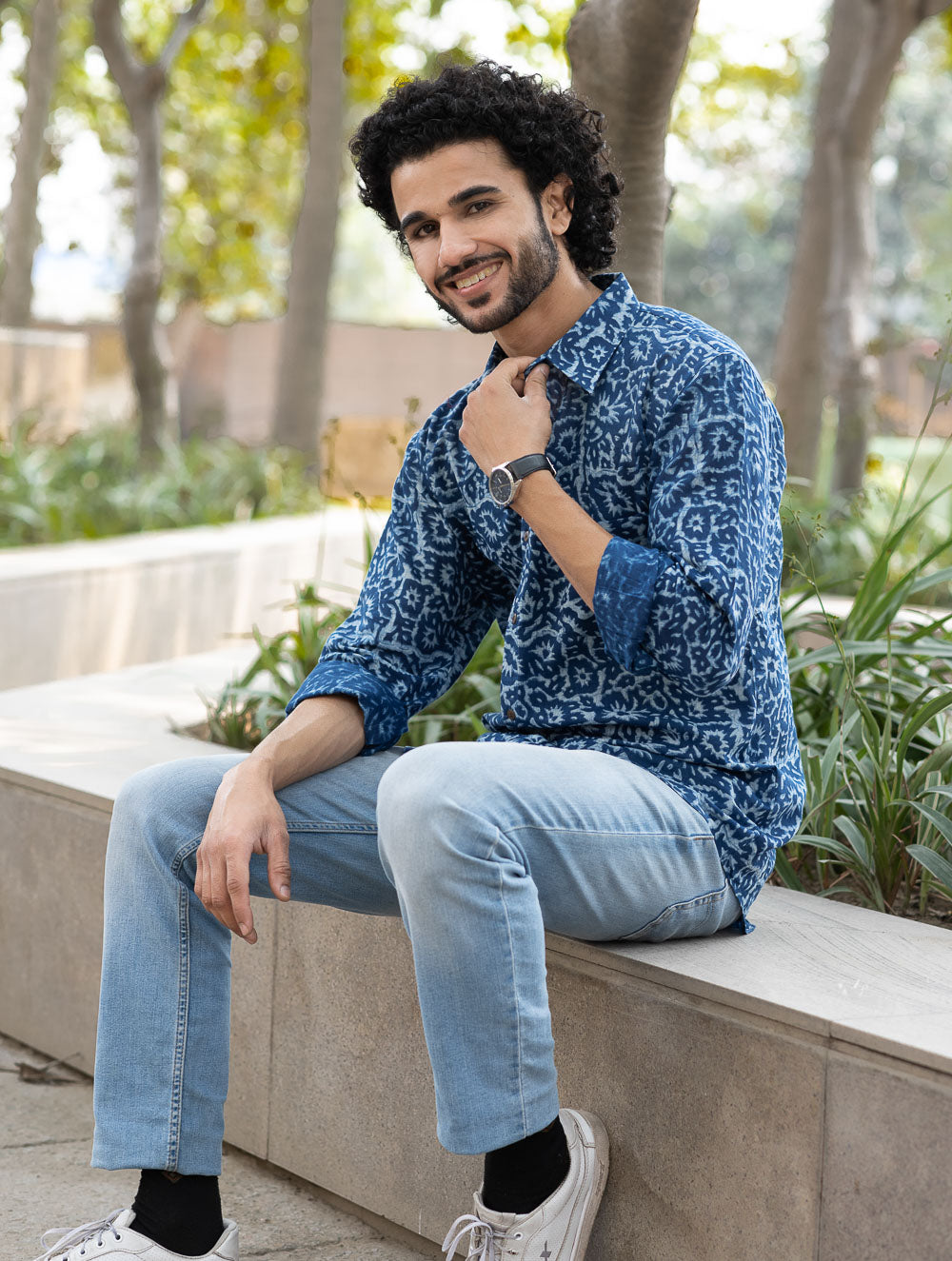 Dabu Hand Block Printed Cotton Shirt - Indigo Jaal