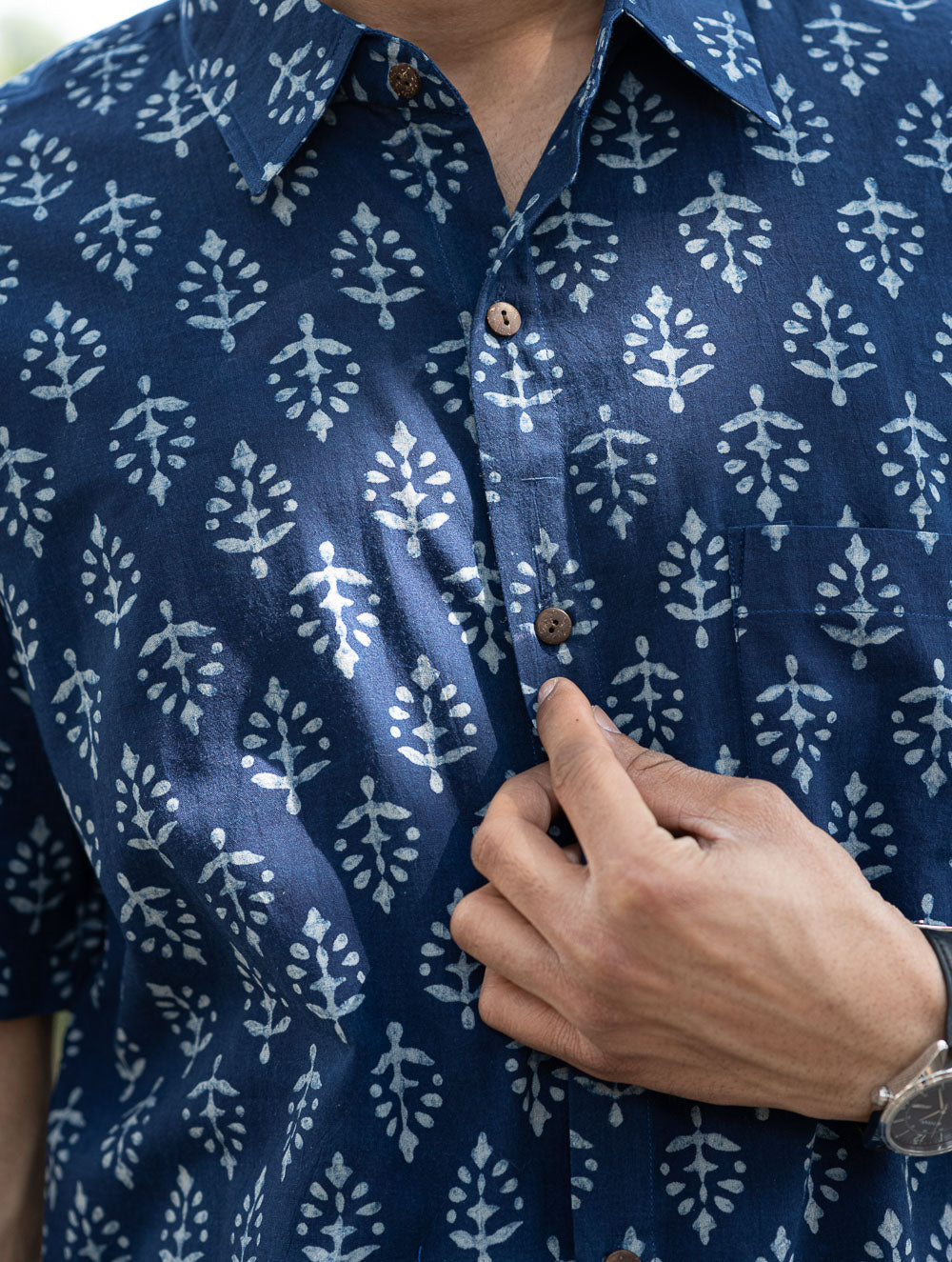 Dabu Hand Block Printed Cotton Shirt - Indigo Ornate 