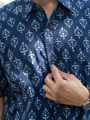 Dabu Hand Block Printed Cotton Shirt - Indigo Ornate 