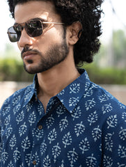 Dabu Hand Block Printed Cotton Shirt - Indigo Ornate 