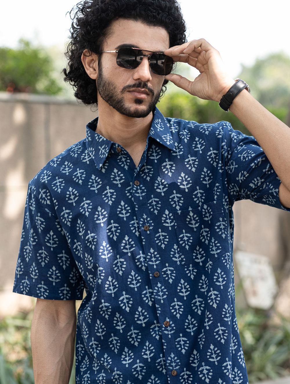 Dabu Hand Block Printed Cotton Shirt - Indigo Ornate 