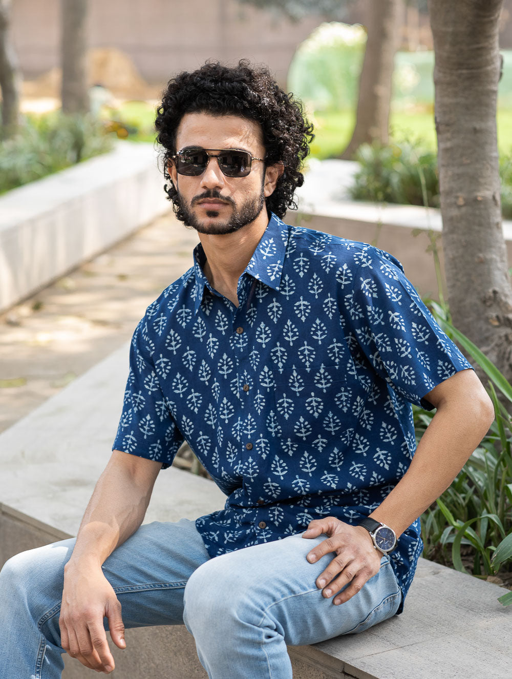 Dabu Hand Block Printed Cotton Shirt - Indigo Ornate 