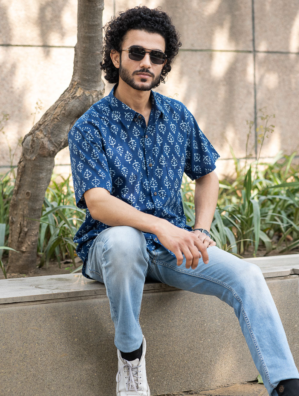 Dabu Hand Block Printed Cotton Shirt - Indigo Ornate 