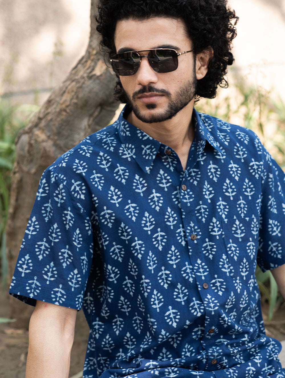 Dabu Hand Block Printed Cotton Shirt - Indigo Ornate 