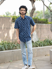 Dabu Hand Block Printed Cotton Shirt - Indigo Ornate 