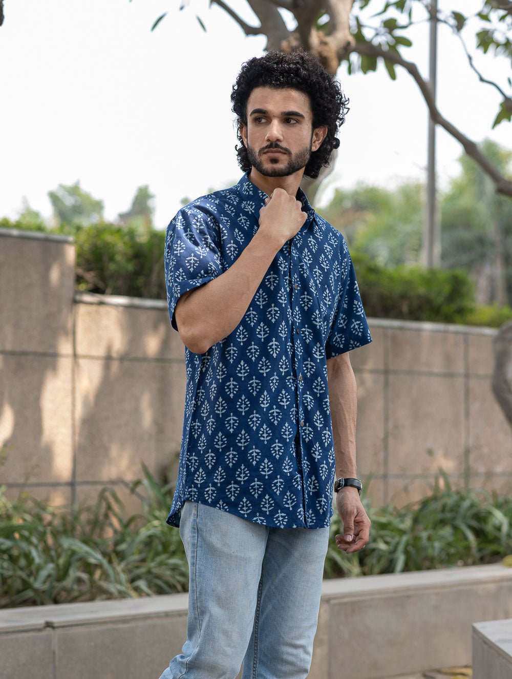 Dabu Hand Block Printed Cotton Shirt - Indigo Ornate 