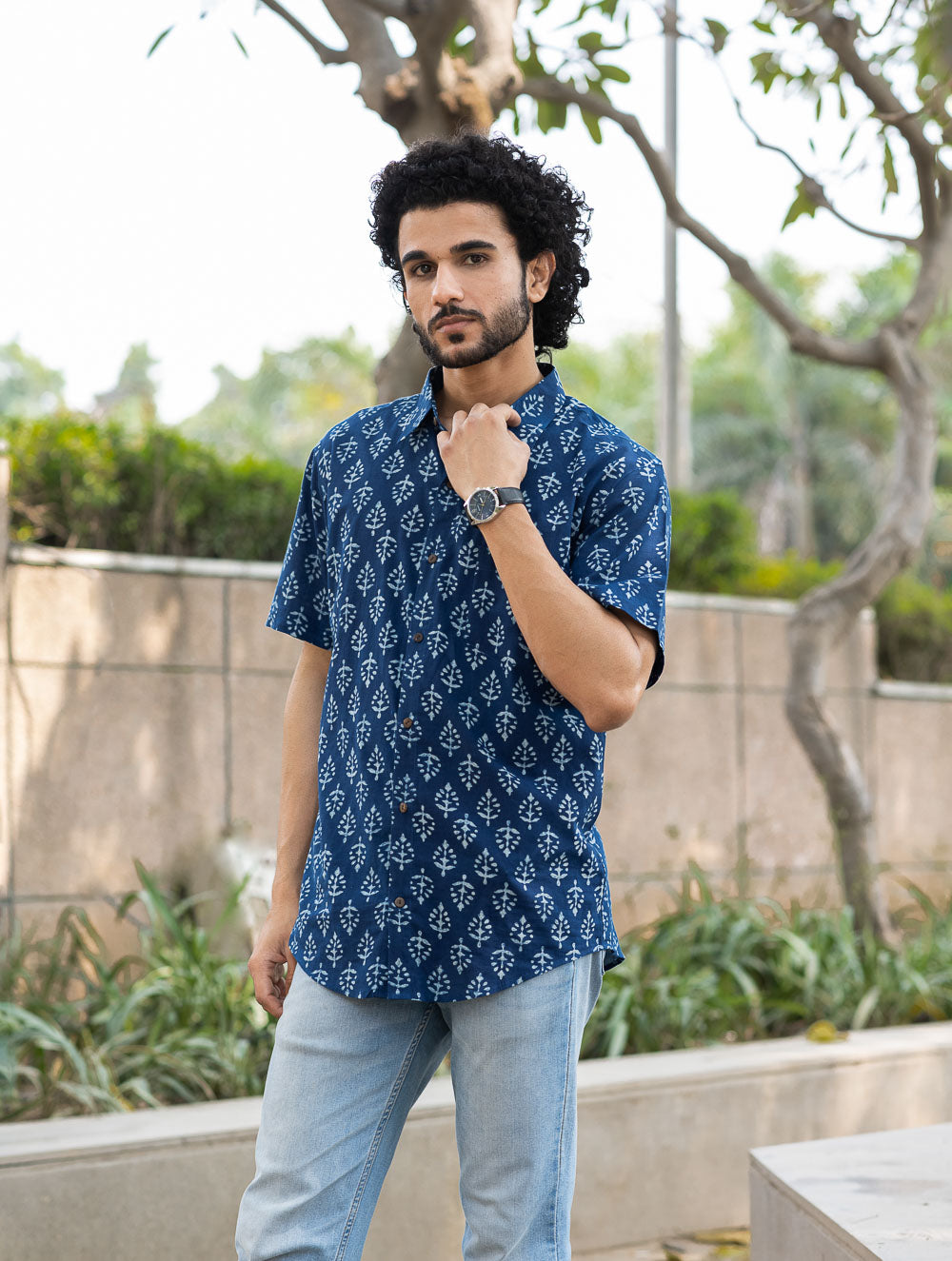 Dabu Hand Block Printed Cotton Shirt - Indigo Ornate 