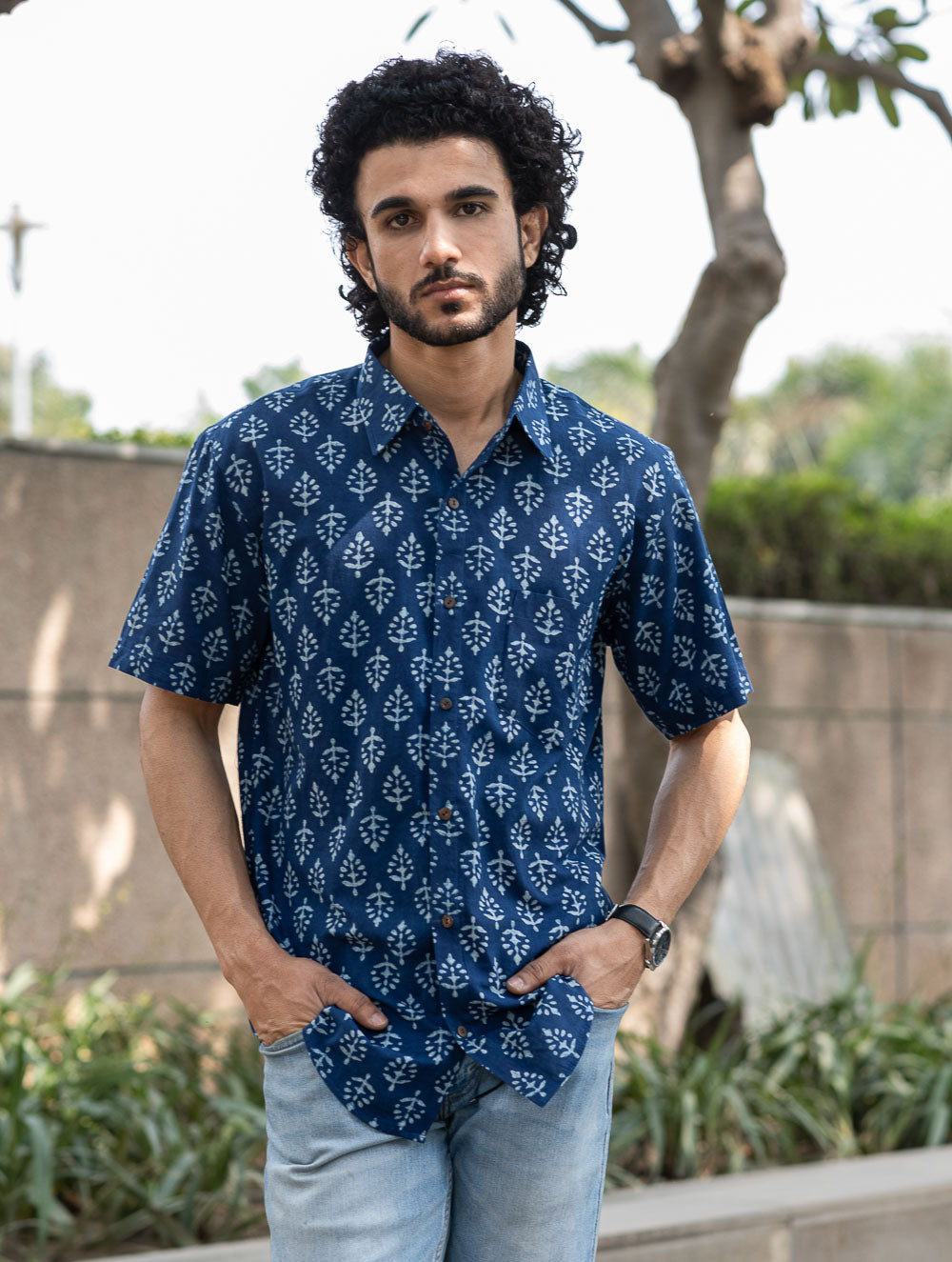 Dabu Hand Block Printed Cotton Shirt - Indigo Ornate 