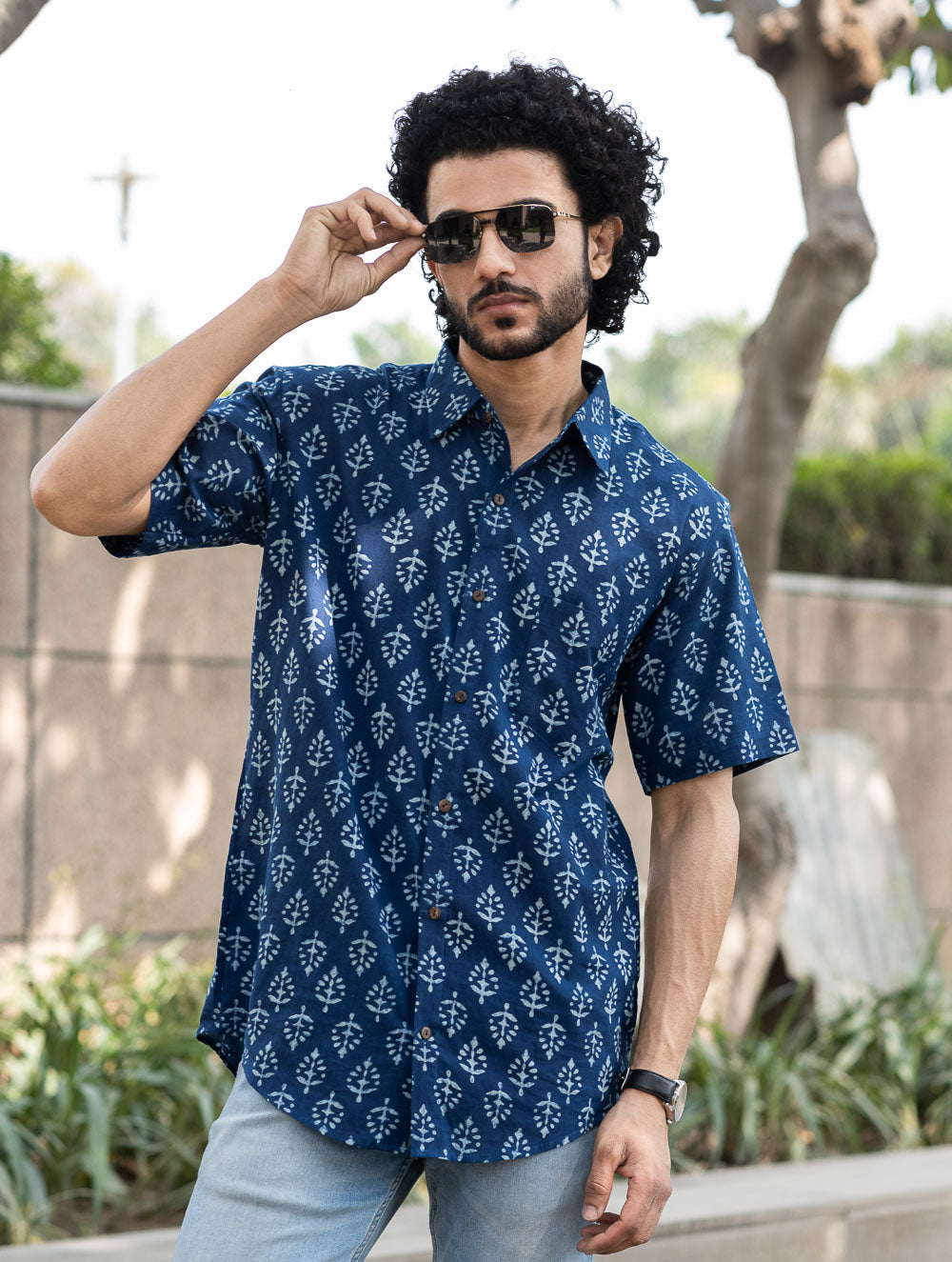 Dabu Hand Block Printed Cotton Shirt - Indigo Ornate 